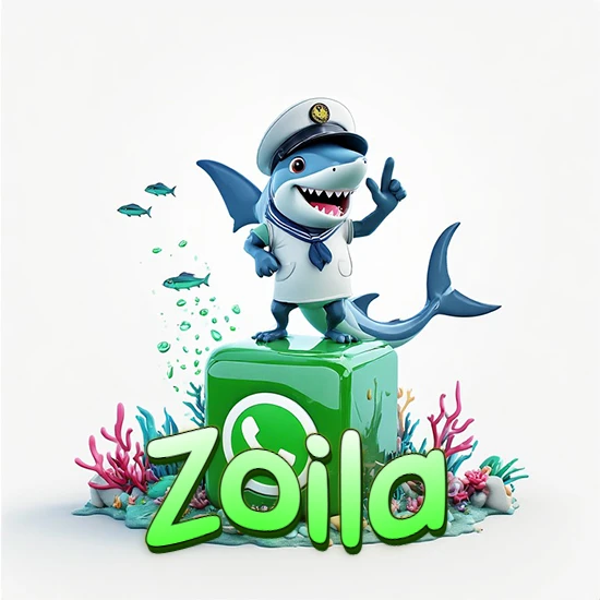 Fondo marino con un tiburón capitán sobre un cubo verde de WhatsApp. Arrecifes de coral, peces y burbujas. Nombre en verde claro en la parte delantera del cubo. Diseño con el nombre Zoila.