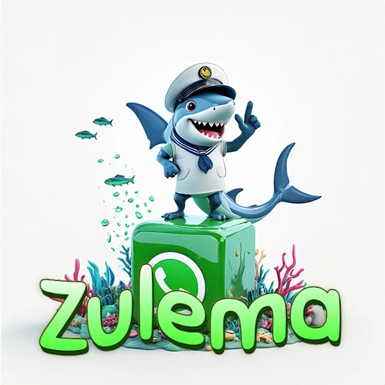 Fondo marino con un tiburón capitán sobre un cubo verde de WhatsApp. Arrecifes de coral, peces y burbujas. Nombre en verde claro en la parte delantera del cubo. Diseño con el nombre Zulema.