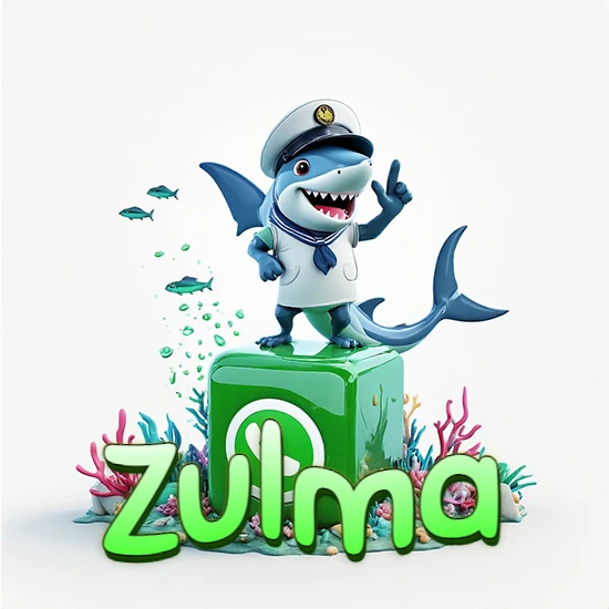 Fondo marino con un tiburón capitán sobre un cubo verde de WhatsApp. Arrecifes de coral, peces y burbujas. Nombre en verde claro en la parte delantera del cubo. Diseño con el nombre Zulma.