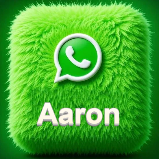 Cubo gigante cubierto de suave pelaje verde con el logotipo blanco de WhatsApp en 3D incrustado. Nombre en blanco suave que sigue la textura del pelaje en la parte inferior. Diseño con el nombre Aaron.