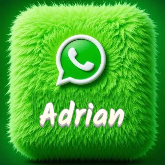 Cubo gigante cubierto de suave pelaje verde con el logotipo blanco de WhatsApp en 3D incrustado. Nombre en blanco suave que sigue la textura del pelaje en la parte inferior. Diseño con el nombre Adrian.