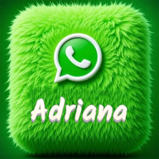 Cubo gigante cubierto de suave pelaje verde con el logotipo blanco de WhatsApp en 3D incrustado. Nombre en blanco suave que sigue la textura del pelaje en la parte inferior. Diseño con el nombre Adriana.