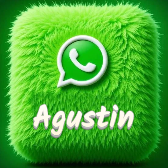 Cubo gigante cubierto de suave pelaje verde con el logotipo blanco de WhatsApp en 3D incrustado. Nombre en blanco suave que sigue la textura del pelaje en la parte inferior. Diseño con el nombre Agustin.