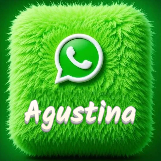 Cubo gigante cubierto de suave pelaje verde con el logotipo blanco de WhatsApp en 3D incrustado. Nombre en blanco suave que sigue la textura del pelaje en la parte inferior. Diseño con el nombre Agustina.