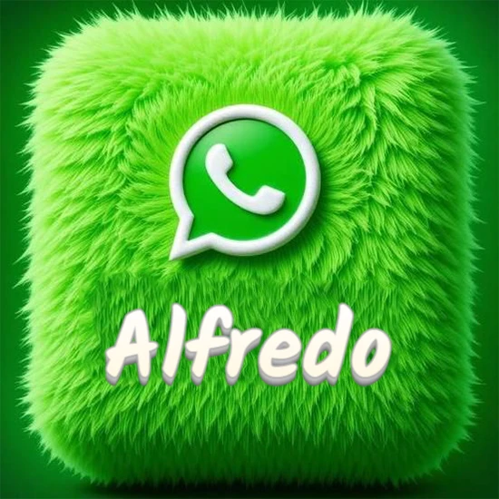 Cubo gigante cubierto de suave pelaje verde con el logotipo blanco de WhatsApp en 3D incrustado. Nombre en blanco suave que sigue la textura del pelaje en la parte inferior. Diseño con el nombre Alfredo.