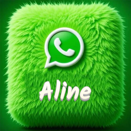 Cubo gigante cubierto de suave pelaje verde con el logotipo blanco de WhatsApp en 3D incrustado. Nombre en blanco suave que sigue la textura del pelaje en la parte inferior. Diseño con el nombre Aline.