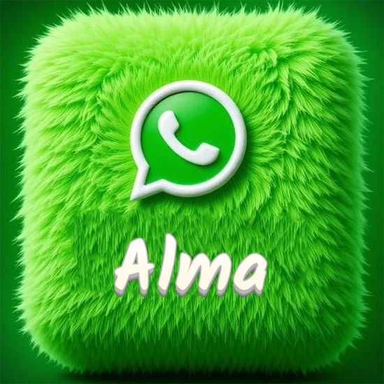 Cubo gigante cubierto de suave pelaje verde con el logotipo blanco de WhatsApp en 3D incrustado. Nombre en blanco suave que sigue la textura del pelaje en la parte inferior. Diseño con el nombre Alma.