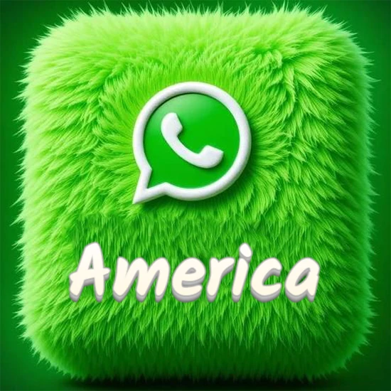 Cubo gigante cubierto de suave pelaje verde con el logotipo blanco de WhatsApp en 3D incrustado. Nombre en blanco suave que sigue la textura del pelaje en la parte inferior. Diseño con el nombre America.