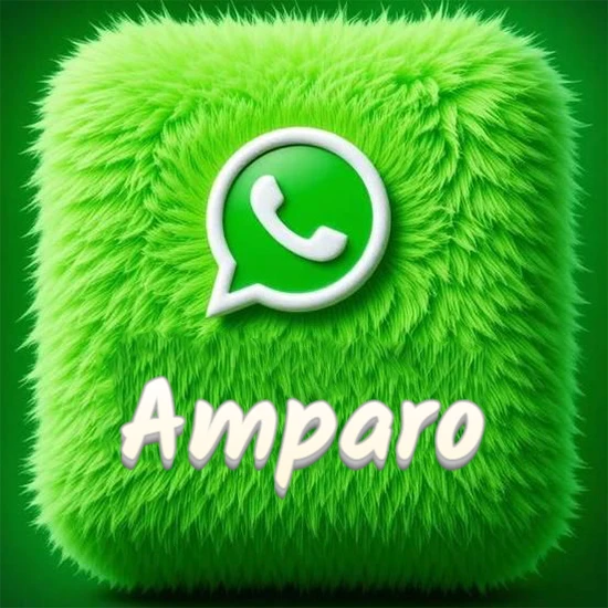 Cubo gigante cubierto de suave pelaje verde con el logotipo blanco de WhatsApp en 3D incrustado. Nombre en blanco suave que sigue la textura del pelaje en la parte inferior. Diseño con el nombre Amparo.