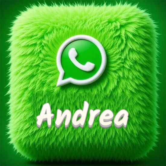 Cubo gigante cubierto de suave pelaje verde con el logotipo blanco de WhatsApp en 3D incrustado. Nombre en blanco suave que sigue la textura del pelaje en la parte inferior. Diseño con el nombre Andrea.
