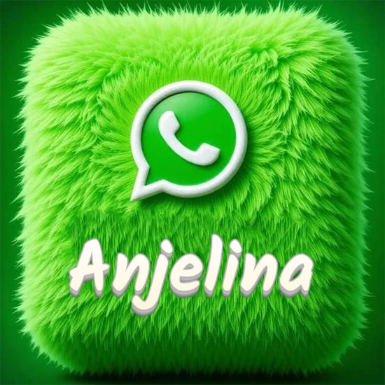 Cubo gigante cubierto de suave pelaje verde con el logotipo blanco de WhatsApp en 3D incrustado. Nombre en blanco suave que sigue la textura del pelaje en la parte inferior. Diseño con el nombre Anjelina.