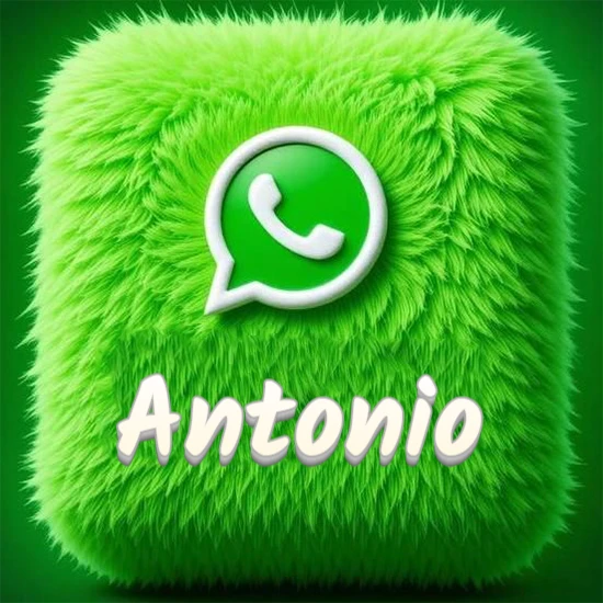 Cubo gigante cubierto de suave pelaje verde con el logotipo blanco de WhatsApp en 3D incrustado. Nombre en blanco suave que sigue la textura del pelaje en la parte inferior. Diseño con el nombre Antonio. Cubo gigante cubierto de suave pelaje verde con el logotipo blanco de WhatsApp en 3D incrustado. Nombre en blanco suave que sigue la textura del pelaje en la parte inferior. Diseño con el nombre Antonio.