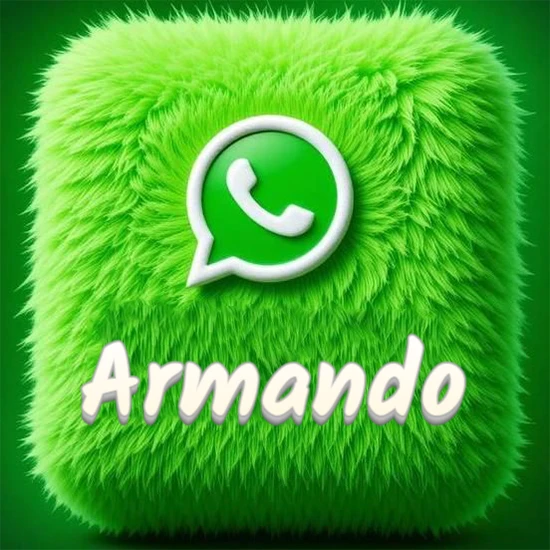 Cubo gigante cubierto de suave pelaje verde con el logotipo blanco de WhatsApp en 3D incrustado. Nombre en blanco suave que sigue la textura del pelaje en la parte inferior. Diseño con el nombre Armando.