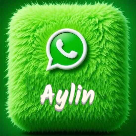 Cubo gigante cubierto de suave pelaje verde con el logotipo blanco de WhatsApp en 3D incrustado. Nombre en blanco suave que sigue la textura del pelaje en la parte inferior. Diseño con el nombre Aylin.