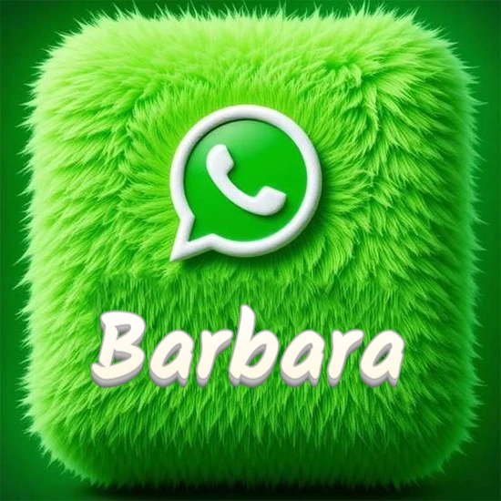 Cubo gigante cubierto de suave pelaje verde con el logotipo blanco de WhatsApp en 3D incrustado. Nombre en blanco suave que sigue la textura del pelaje en la parte inferior. Diseño con el nombre Barbara.