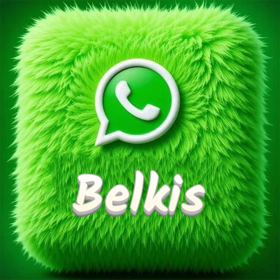 Cubo gigante cubierto de suave pelaje verde con el logotipo blanco de WhatsApp en 3D incrustado. Nombre en blanco suave que sigue la textura del pelaje en la parte inferior. Diseño con el nombre Belkis.