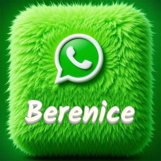 Cubo gigante cubierto de suave pelaje verde con el logotipo blanco de WhatsApp en 3D incrustado. Nombre en blanco suave que sigue la textura del pelaje en la parte inferior. Diseño con el nombre Berenice.