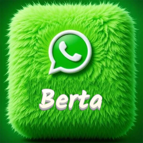 Cubo gigante cubierto de suave pelaje verde con el logotipo blanco de WhatsApp en 3D incrustado. Nombre en blanco suave que sigue la textura del pelaje en la parte inferior. Diseño con el nombre Berta. Cubo gigante cubierto de suave pelaje verde con el logotipo blanco de WhatsApp en 3D incrustado. Nombre en blanco suave que sigue la textura del pelaje en la parte inferior. Diseño con el nombre Berta.