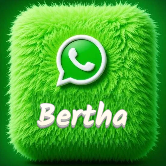 Cubo gigante cubierto de suave pelaje verde con el logotipo blanco de WhatsApp en 3D incrustado. Nombre en blanco suave que sigue la textura del pelaje en la parte inferior. Diseño con el nombre Bertha.