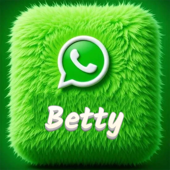 Cubo gigante cubierto de suave pelaje verde con el logotipo blanco de WhatsApp en 3D incrustado. Nombre en blanco suave que sigue la textura del pelaje en la parte inferior. Diseño con el nombre Betty.