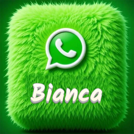 Cubo gigante cubierto de suave pelaje verde con el logotipo blanco de WhatsApp en 3D incrustado. Nombre en blanco suave que sigue la textura del pelaje en la parte inferior. Diseño con el nombre Bianca.