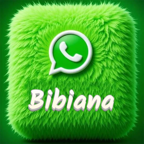 Cubo gigante cubierto de suave pelaje verde con el logotipo blanco de WhatsApp en 3D incrustado. Nombre en blanco suave que sigue la textura del pelaje en la parte inferior. Diseño con el nombre Bibiana.