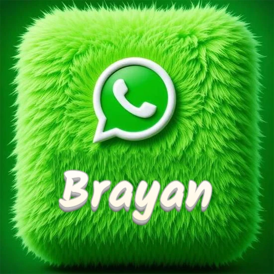Cubo gigante cubierto de suave pelaje verde con el logotipo blanco de WhatsApp en 3D incrustado. Nombre en blanco suave que sigue la textura del pelaje en la parte inferior. Diseño con el nombre Brayan.