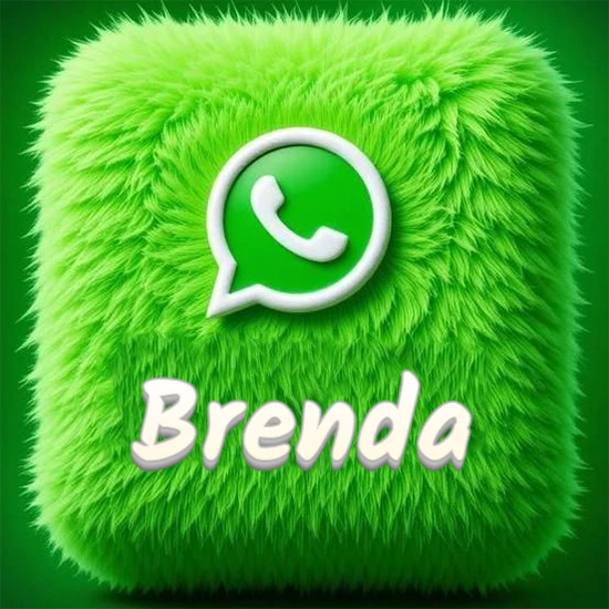 Cubo gigante cubierto de suave pelaje verde con el logotipo blanco de WhatsApp en 3D incrustado. Nombre en blanco suave que sigue la textura del pelaje en la parte inferior. Diseño con el nombre Brenda.