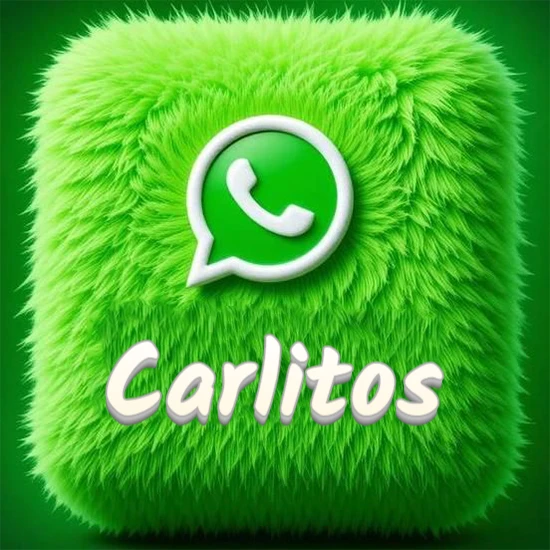Cubo gigante cubierto de suave pelaje verde con el logotipo blanco de WhatsApp en 3D incrustado. Nombre en blanco suave que sigue la textura del pelaje en la parte inferior. Diseño con el nombre Carlitos.