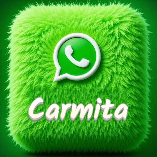 Cubo gigante cubierto de suave pelaje verde con el logotipo blanco de WhatsApp en 3D incrustado. Nombre en blanco suave que sigue la textura del pelaje en la parte inferior. Diseño con el nombre Carmita.