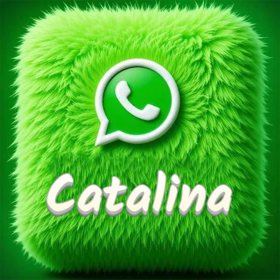 Cubo gigante cubierto de suave pelaje verde con el logotipo blanco de WhatsApp en 3D incrustado. Nombre en blanco suave que sigue la textura del pelaje en la parte inferior. Diseño con el nombre Catalina.