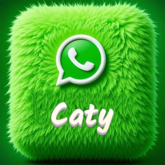 Cubo gigante cubierto de suave pelaje verde con el logotipo blanco de WhatsApp en 3D incrustado. Nombre en blanco suave que sigue la textura del pelaje en la parte inferior. Diseño con el nombre Caty.