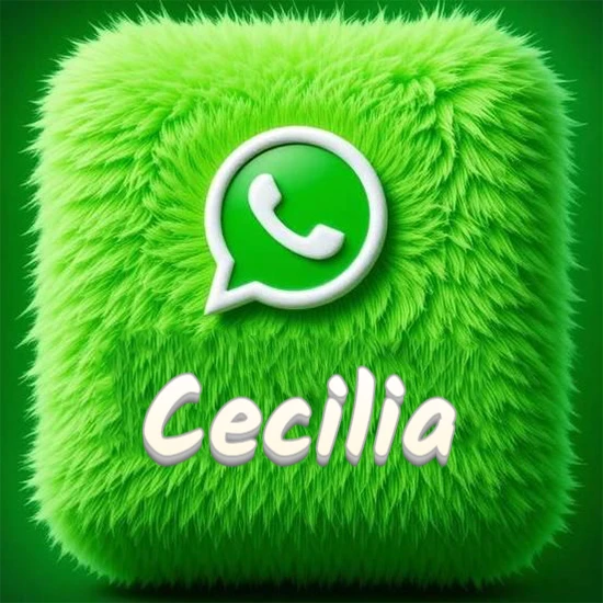 Cubo gigante cubierto de suave pelaje verde con el logotipo blanco de WhatsApp en 3D incrustado. Nombre en blanco suave que sigue la textura del pelaje en la parte inferior. Diseño con el nombre Cecilia.