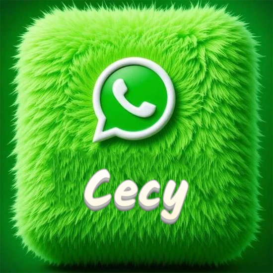Cubo gigante cubierto de suave pelaje verde con el logotipo blanco de WhatsApp en 3D incrustado. Nombre en blanco suave que sigue la textura del pelaje en la parte inferior. Diseño con el nombre Cecy.