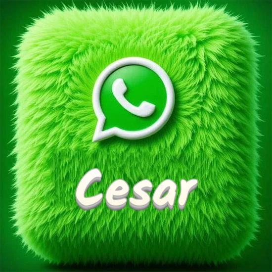 Cubo gigante cubierto de suave pelaje verde con el logotipo blanco de WhatsApp en 3D incrustado. Nombre en blanco suave que sigue la textura del pelaje en la parte inferior. Diseño con el nombre Cesar.