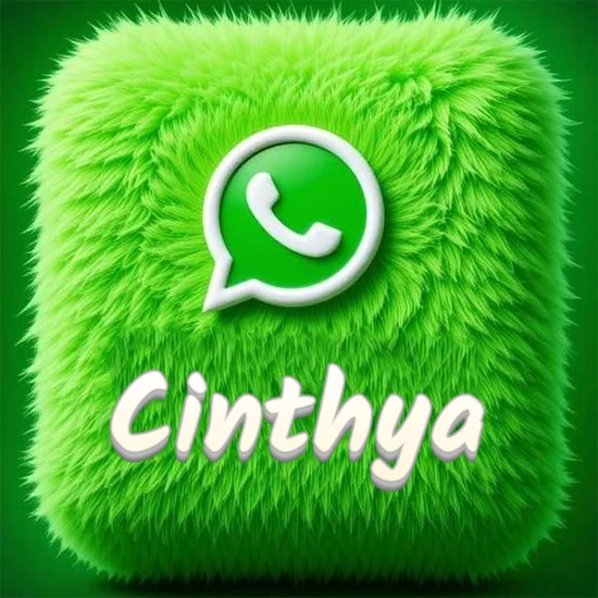 Cubo gigante cubierto de suave pelaje verde con el logotipo blanco de WhatsApp en 3D incrustado. Nombre en blanco suave que sigue la textura del pelaje en la parte inferior. Diseño con el nombre Cinthya.