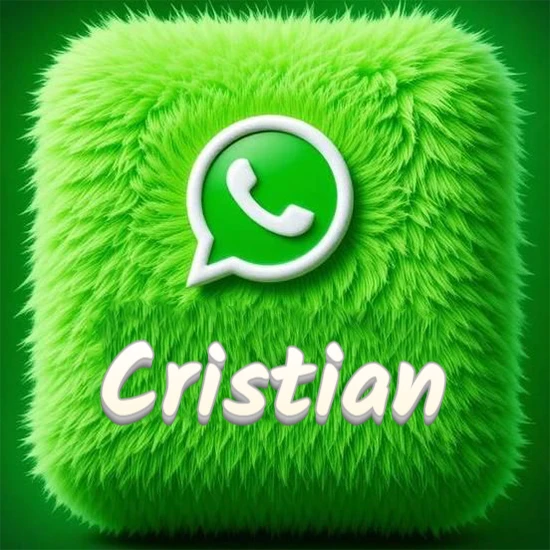 Cubo gigante cubierto de suave pelaje verde con el logotipo blanco de WhatsApp en 3D incrustado. Nombre en blanco suave que sigue la textura del pelaje en la parte inferior. Diseño con el nombre Cristian.