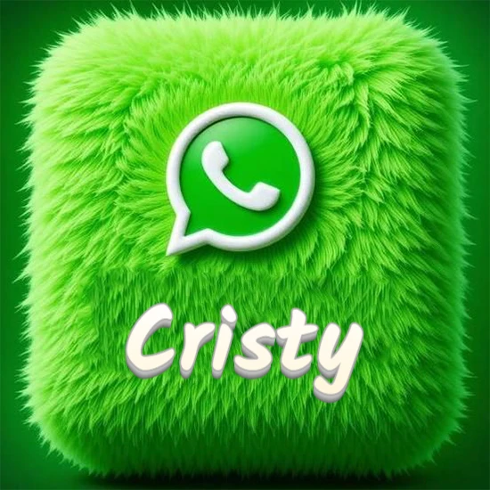 Cubo gigante cubierto de suave pelaje verde con el logotipo blanco de WhatsApp en 3D incrustado. Nombre en blanco suave que sigue la textura del pelaje en la parte inferior. Diseño con el nombre Cristy.