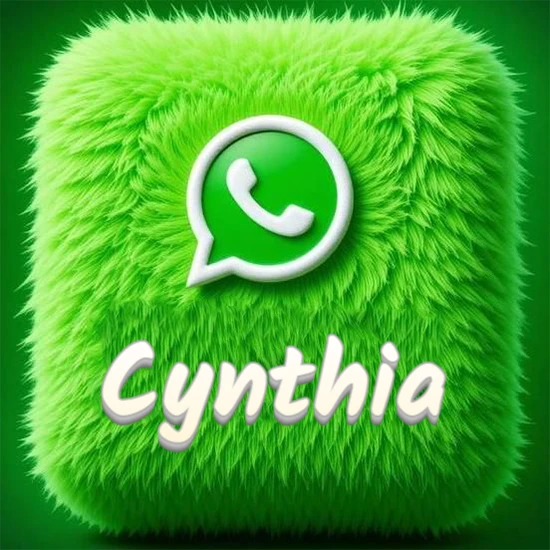 Cubo gigante cubierto de suave pelaje verde con el logotipo blanco de WhatsApp en 3D incrustado. Nombre en blanco suave que sigue la textura del pelaje en la parte inferior. Diseño con el nombre Cynthia.