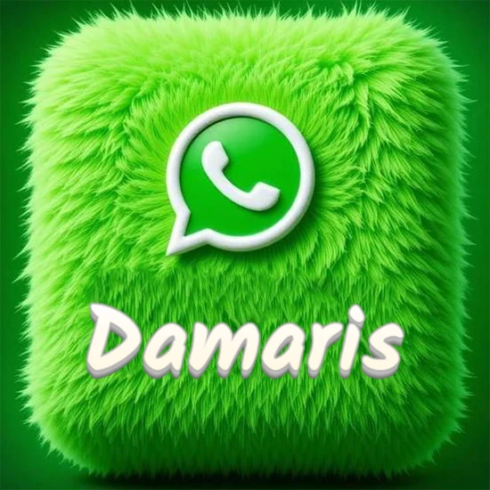 Cubo gigante cubierto de suave pelaje verde con el logotipo blanco de WhatsApp en 3D incrustado. Nombre en blanco suave que sigue la textura del pelaje en la parte inferior. Diseño con el nombre Damaris.