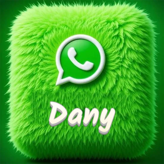 Cubo gigante cubierto de suave pelaje verde con el logotipo blanco de WhatsApp en 3D incrustado. Nombre en blanco suave que sigue la textura del pelaje en la parte inferior. Diseño con el nombre Dany.