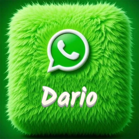 Cubo gigante cubierto de suave pelaje verde con el logotipo blanco de WhatsApp en 3D incrustado. Nombre en blanco suave que sigue la textura del pelaje en la parte inferior. Diseño con el nombre Dario.