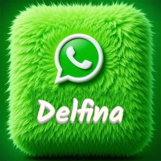 Cubo gigante cubierto de suave pelaje verde con el logotipo blanco de WhatsApp en 3D incrustado. Nombre en blanco suave que sigue la textura del pelaje en la parte inferior. Diseño con el nombre Delfina.