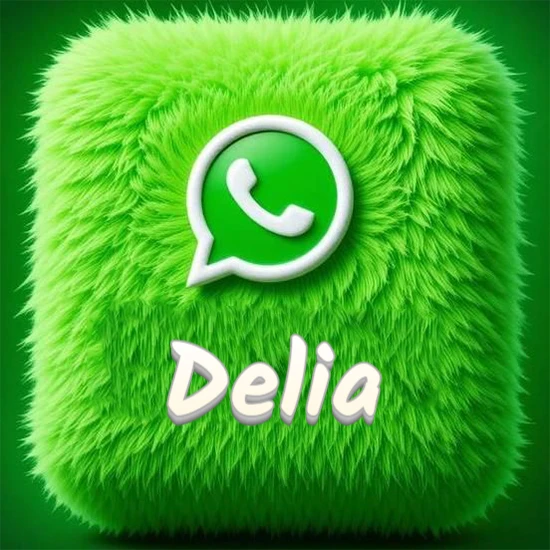 Cubo gigante cubierto de suave pelaje verde con el logotipo blanco de WhatsApp en 3D incrustado. Nombre en blanco suave que sigue la textura del pelaje en la parte inferior. Diseño con el nombre Delia.