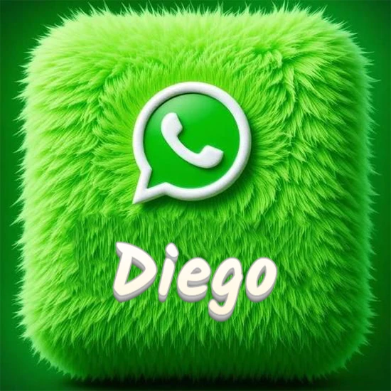 Cubo gigante cubierto de suave pelaje verde con el logotipo blanco de WhatsApp en 3D incrustado. Nombre en blanco suave que sigue la textura del pelaje en la parte inferior. Diseño con el nombre Diego.