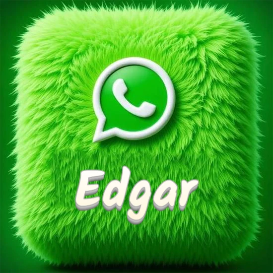 Cubo gigante cubierto de suave pelaje verde con el logotipo blanco de WhatsApp en 3D incrustado. Nombre en blanco suave que sigue la textura del pelaje en la parte inferior. Diseño con el nombre Edgar.