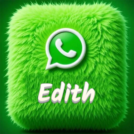 Cubo gigante cubierto de suave pelaje verde con el logotipo blanco de WhatsApp en 3D incrustado. Nombre en blanco suave que sigue la textura del pelaje en la parte inferior. Diseño con el nombre Edith.