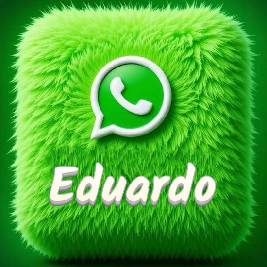 Cubo gigante cubierto de suave pelaje verde con el logotipo blanco de WhatsApp en 3D incrustado. Nombre en blanco suave que sigue la textura del pelaje en la parte inferior. Diseño con el nombre Eduardo.