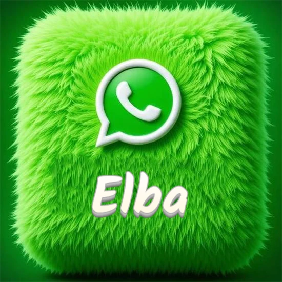 Cubo gigante cubierto de suave pelaje verde con el logotipo blanco de WhatsApp en 3D incrustado. Nombre en blanco suave que sigue la textura del pelaje en la parte inferior. Diseño con el nombre Elba.