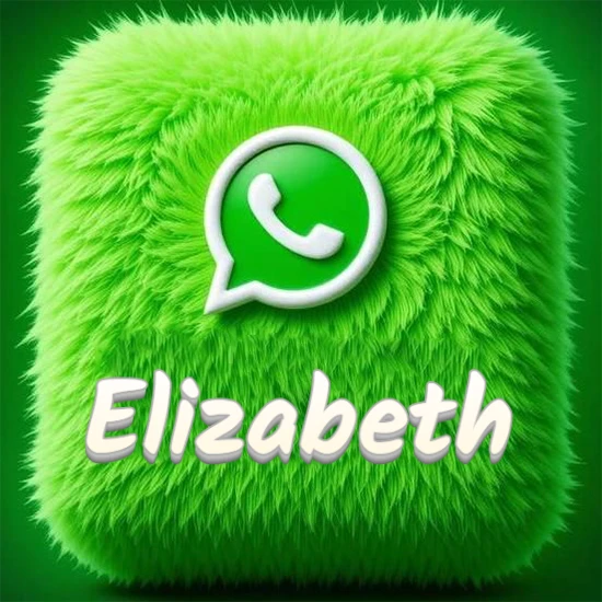 Cubo gigante cubierto de suave pelaje verde con el logotipo blanco de WhatsApp en 3D incrustado. Nombre en blanco suave que sigue la textura del pelaje en la parte inferior. Diseño con el nombre Elizabeth.
